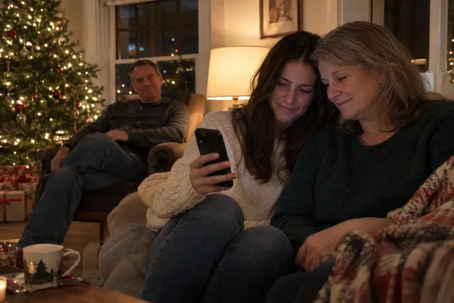 A family listening together on Christmas evening, illustrating a personalized Christmas song gift