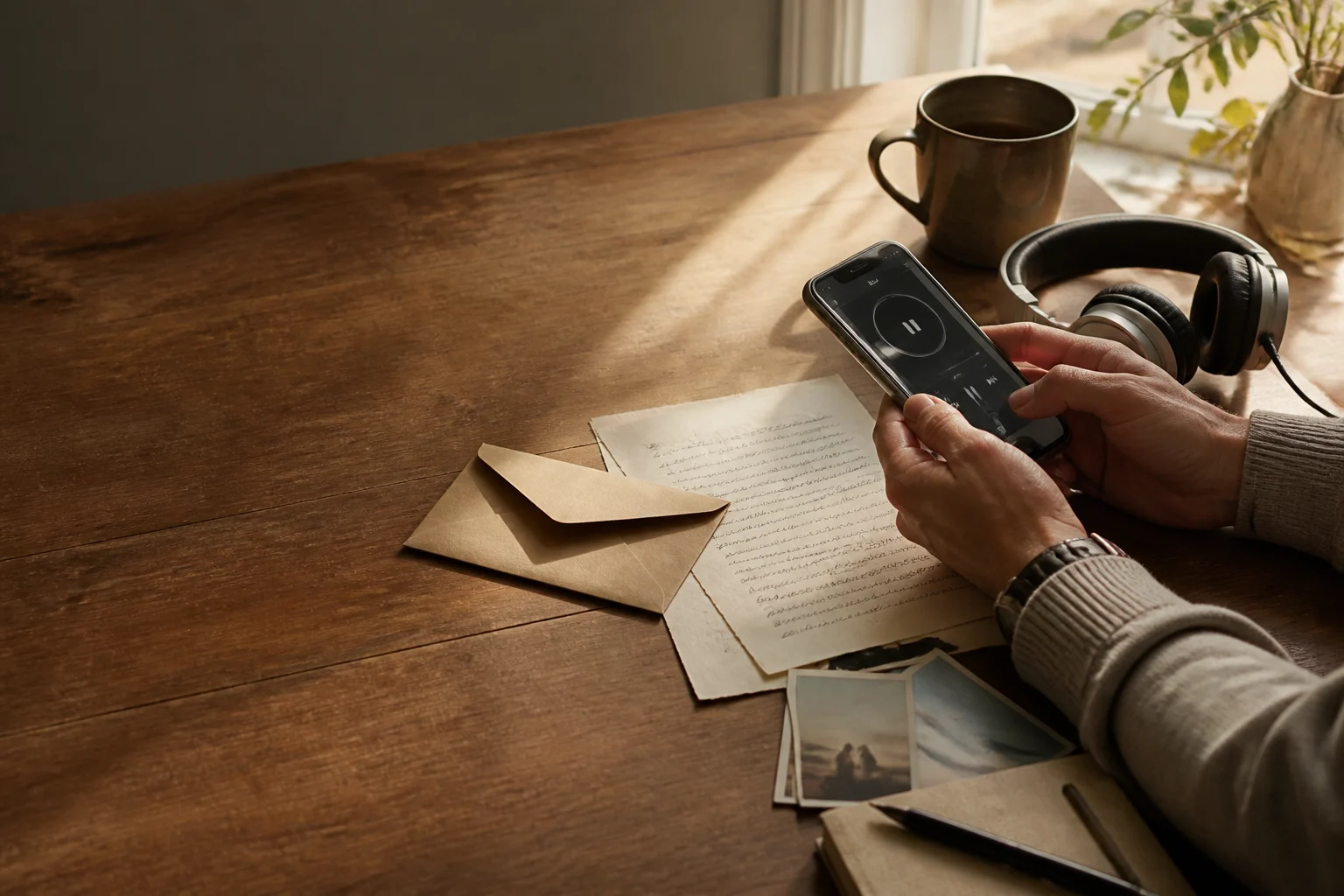 A person using a phone beside headphones, handwritten notes and a wrapped gift