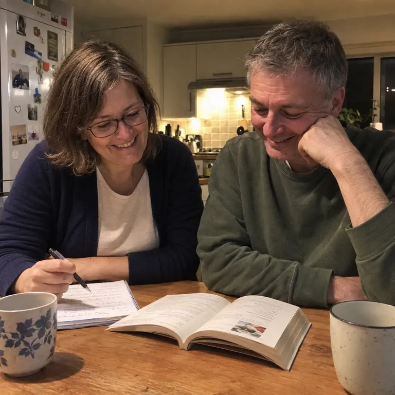 Claire learning Italian at the kitchen table with her husband