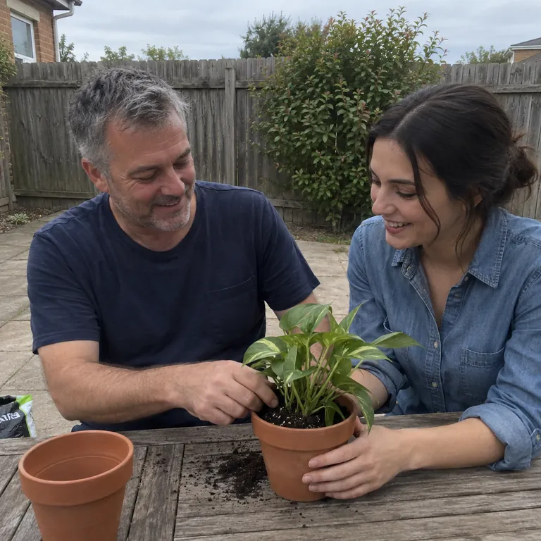 Martin repotting a plant with his daughter in their back garden