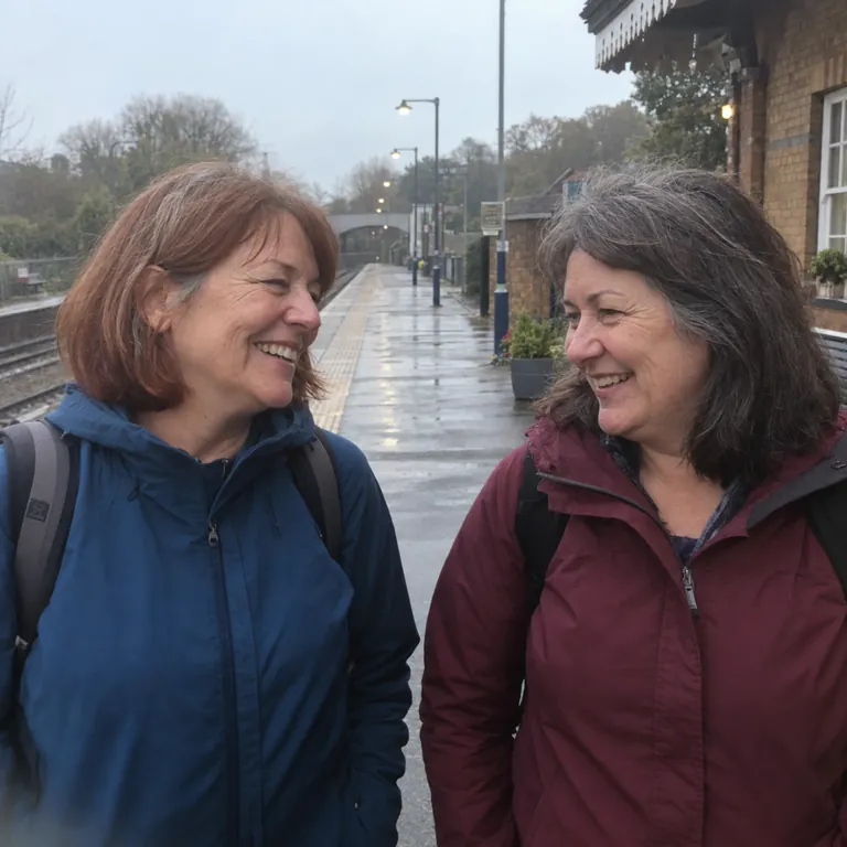 Rachel and her best friend laughing on a train platform with their backpacks