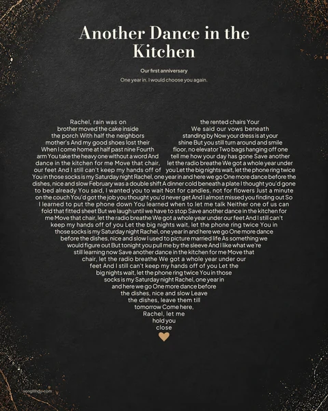 Heartline Noir lyric print of Another Dance in the Kitchen, with the words arranged into a heart