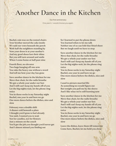 Timeless Vow lyric print of Another Dance in the Kitchen, with the song arranged in readable verses