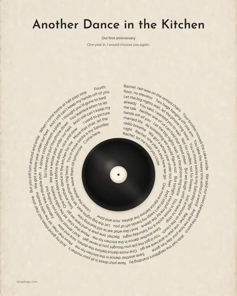 Vinyl Orbit lyric print of Another Dance in the Kitchen, with the words circling a record label
