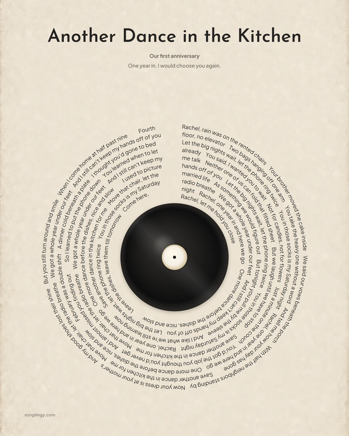 Another Dance in the Kitchen as a Vinyl Orbit lyric print, with the song’s words arranged like a record