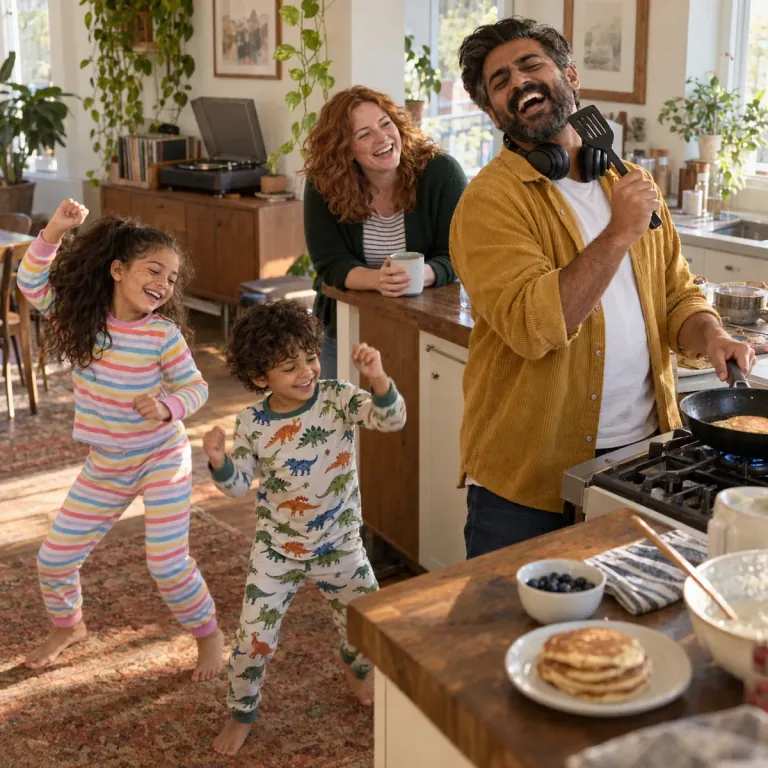 A dad singing into a spatula while making pancakes as his two kids dance in pajamas and his wife laughs.