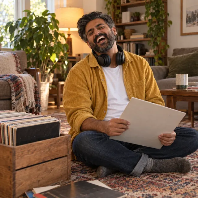 A smiling man sitting on a rug beside a crate of vinyl records, holding a record sleeve.