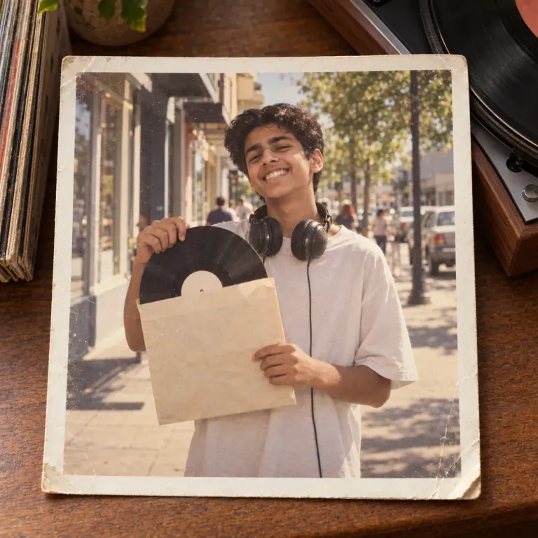 A faded old photo of a teenage boy proudly holding up his first vinyl record.