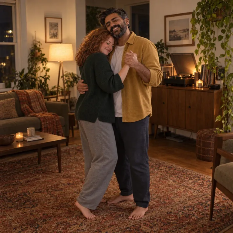 A couple slow-dancing barefoot in their living room by lamplight next to a record player.
