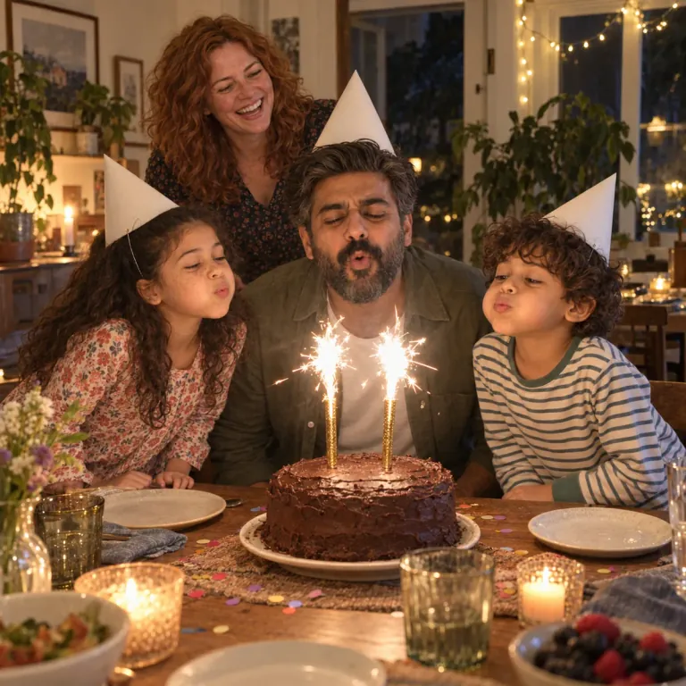 A family in party hats helping their dad blow out sparkler candles on a homemade chocolate cake.