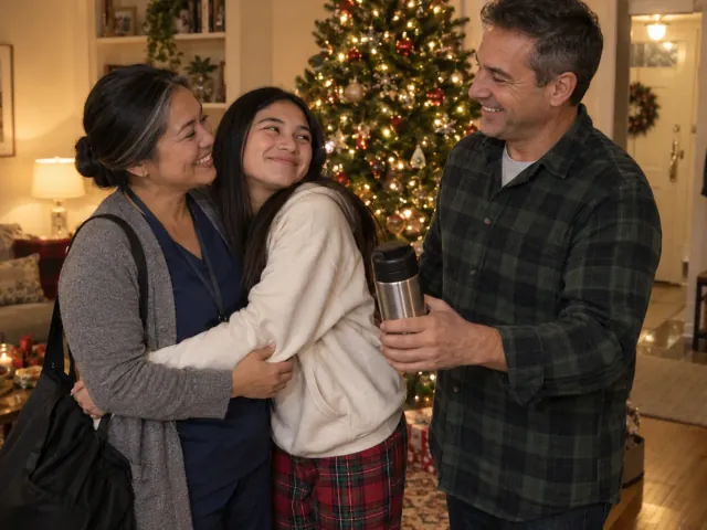 A nurse in scrubs hugging her teenage daughter goodbye by the Christmas tree while her husband hands her a coffee flask.