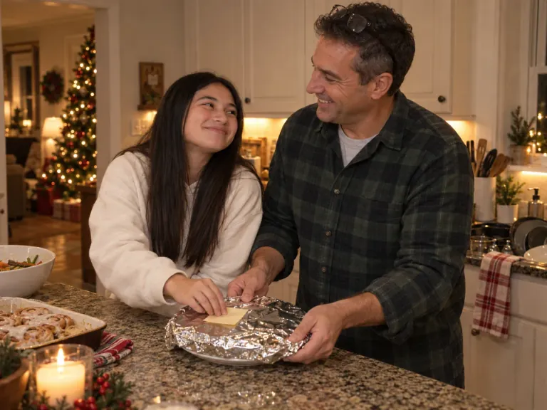 A dad wrapping a plate of Christmas dinner in foil as his daughter sticks a note on top.