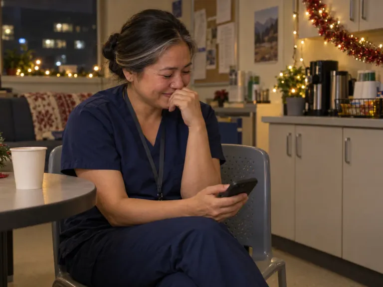 A nurse on her night-shift break smiling with tears in her eyes as she looks at her phone.