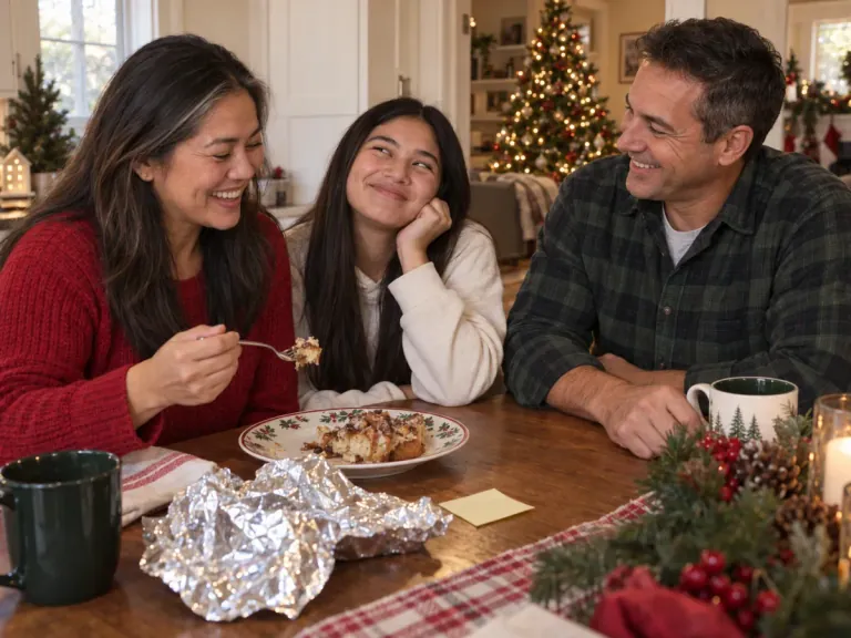 A mom laughing as she eats her saved Christmas dinner at the kitchen table with her husband and daughter.