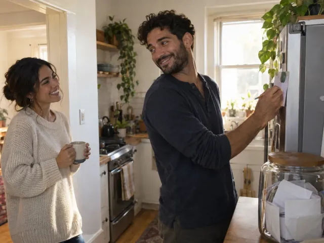 A man writing a grocery list on an envelope at the fridge while his wife laughs in the kitchen doorway with a coffee.