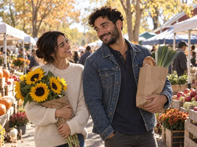 A couple walking through a farmers market with a grocery bag and a bunch of sunflowers.