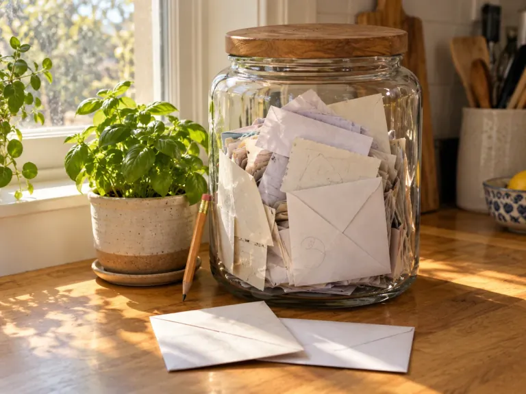 A glass jar full of folded envelopes and old grocery lists on a sunny windowsill.