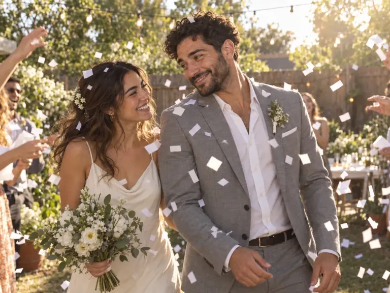 A couple laughing under falling confetti at a small backyard wedding.