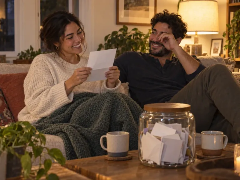 A woman reading a handwritten letter to her husband on the couch as he laughs and wipes his eye.