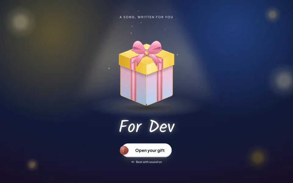 In this example, Dev's birthday gift opens as a two-page spread: his photo record sleeve and note on one page, his song on the other, the words lighting up with it.