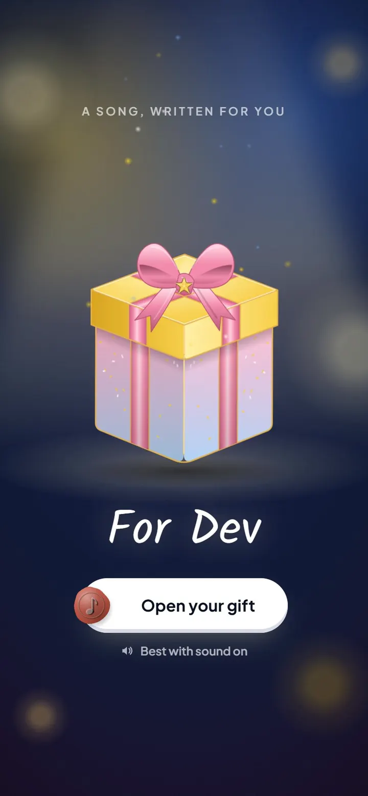 In this example, a birthday gift box for Dev bursts open in confetti, then his photo becomes a record sleeve as his 40th birthday song plays, its words lighting up.