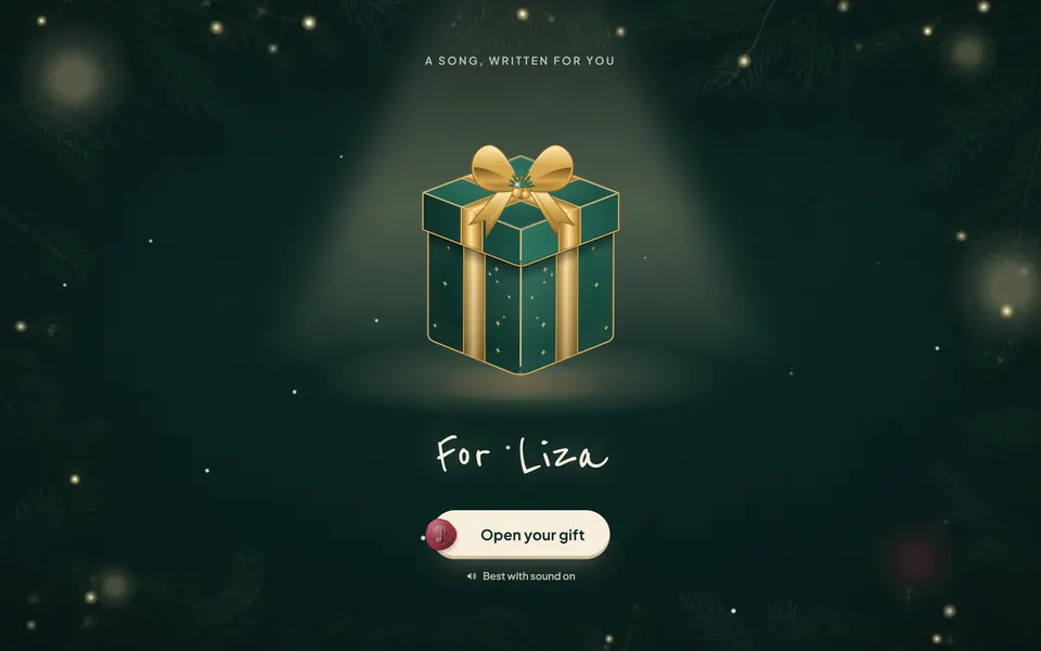 In this example, Liza's Christmas gift opens as a two-page card: the family photo and note on one page, her song on the other, the words lighting up with it.
