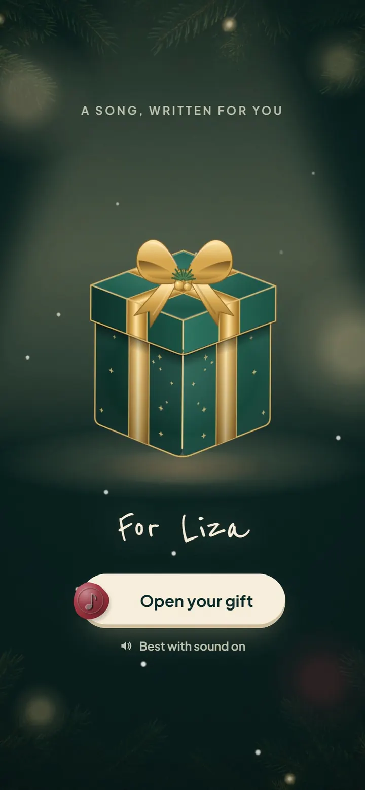 In this example, an evergreen gift box with a gold bow opens for Liza to a Christmas card with a family photo, a note and her song, its words lighting up.