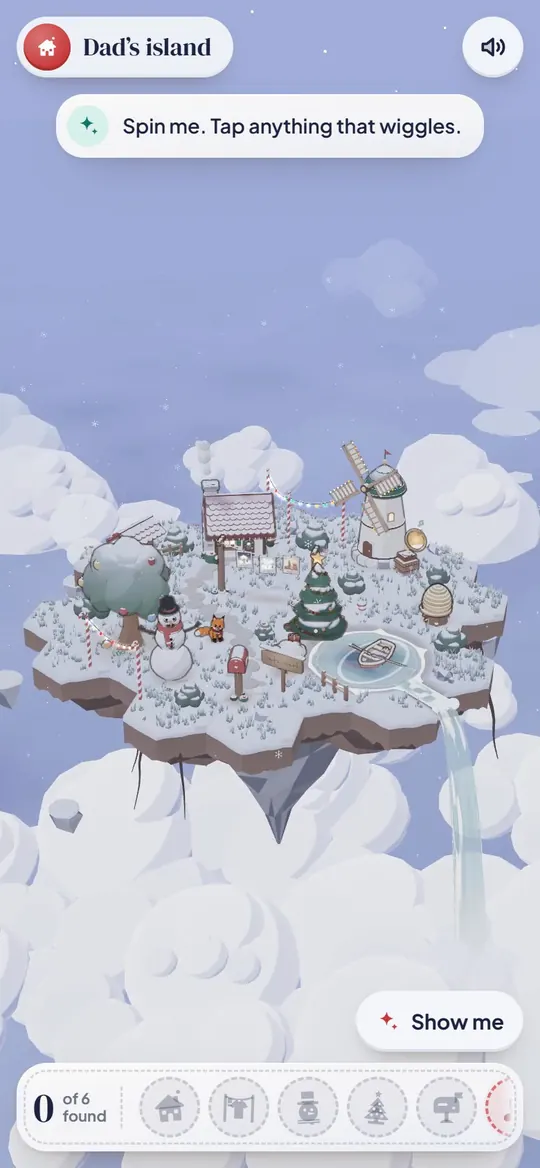 In this example, Dad opens his envelope onto a snowy Christmas Eve island, and a tap on the windmill plays his song under the northern lights.