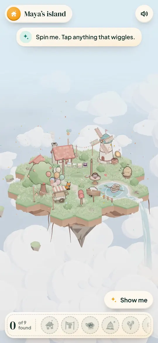 In this example, Maya opens her envelope onto a sunny birthday island, and a tap on the windmill starts her birthday song and the party.