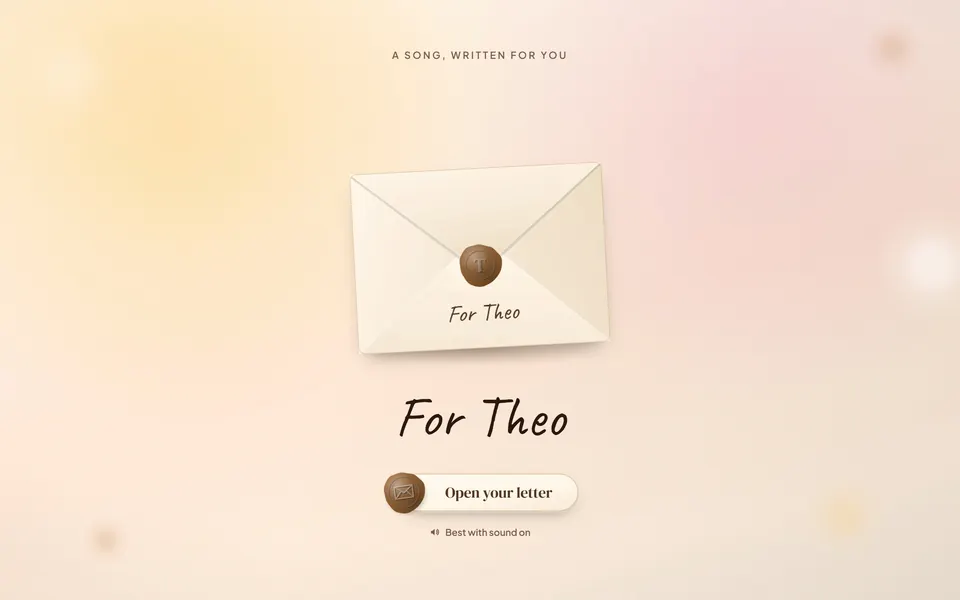 In this example, Theo's love letter opens as a two-page spread: the photo and letter on one page, his song on the other, the words lighting up with it.