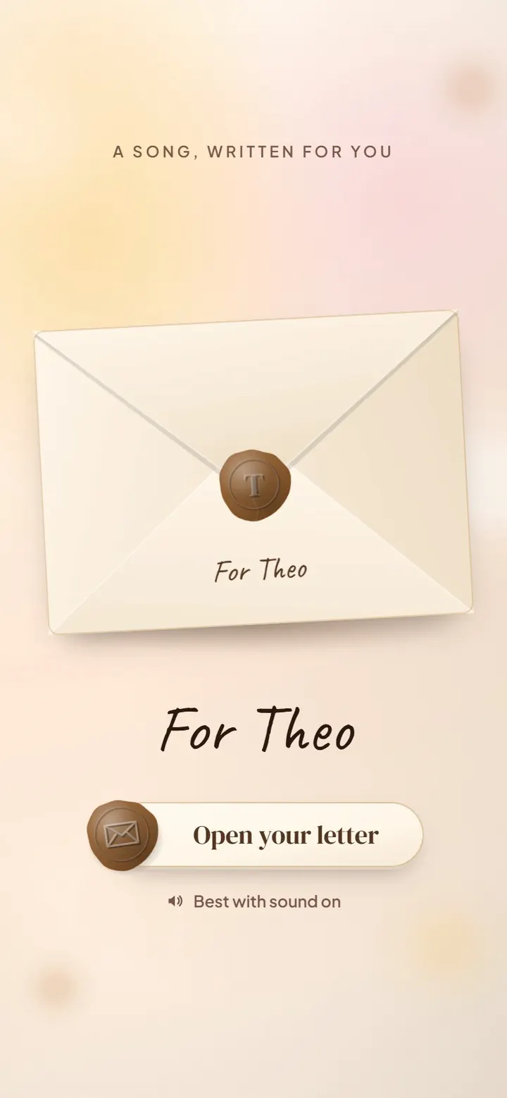 In this example, a wax-sealed envelope for Theo opens to an anniversary letter, a kitchen photo of the two of them and his song, its words lighting up as it plays.