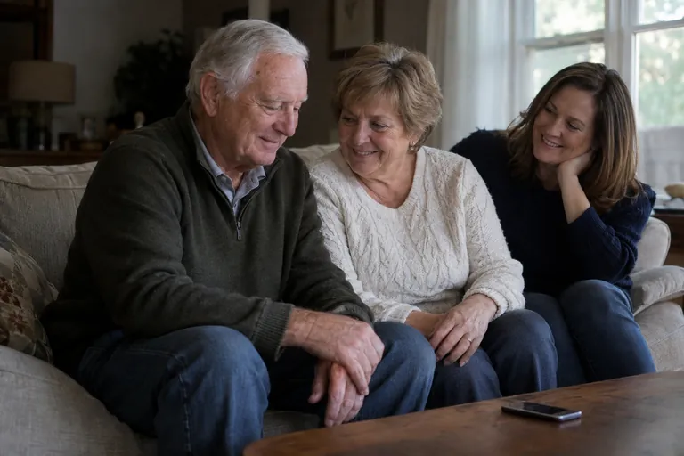 An older couple and their daughter listening together at home — a song gift for their 50th wedding anniversary