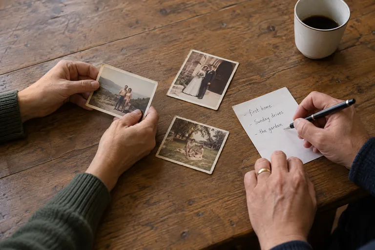 Family photographs and a few handwritten memories spread across a table while two adults plan their parents’ anniversary song
