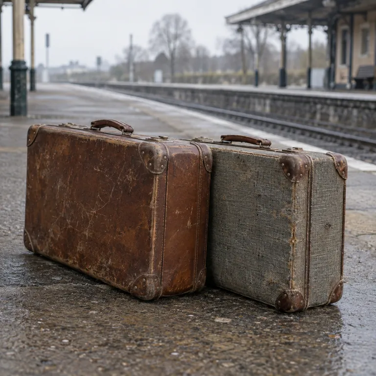 Two worn suitcases waiting together on a railway platform