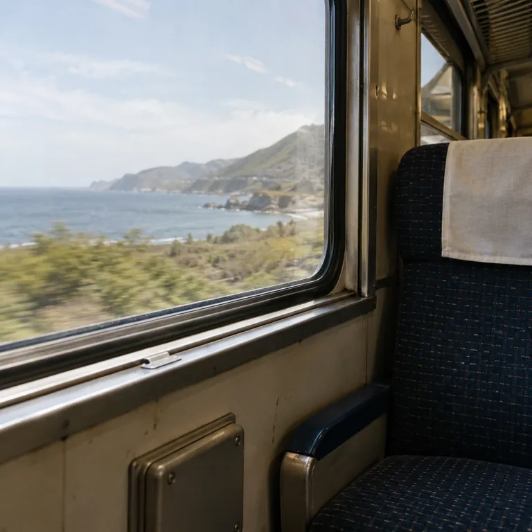 A seat beside a train window looking out across the coast