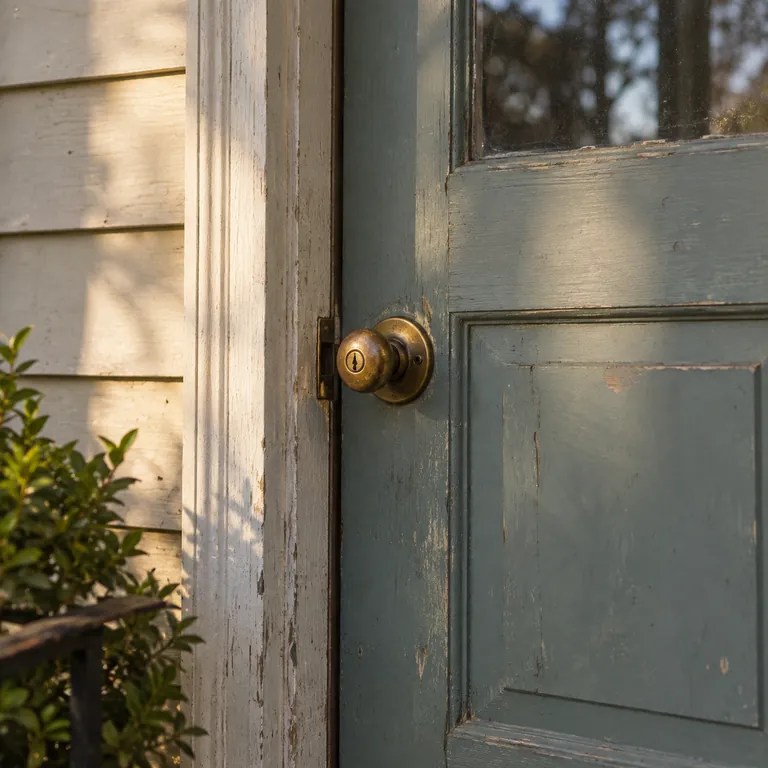 A worn front door with a brass handle, the little home remembered in That House Was You