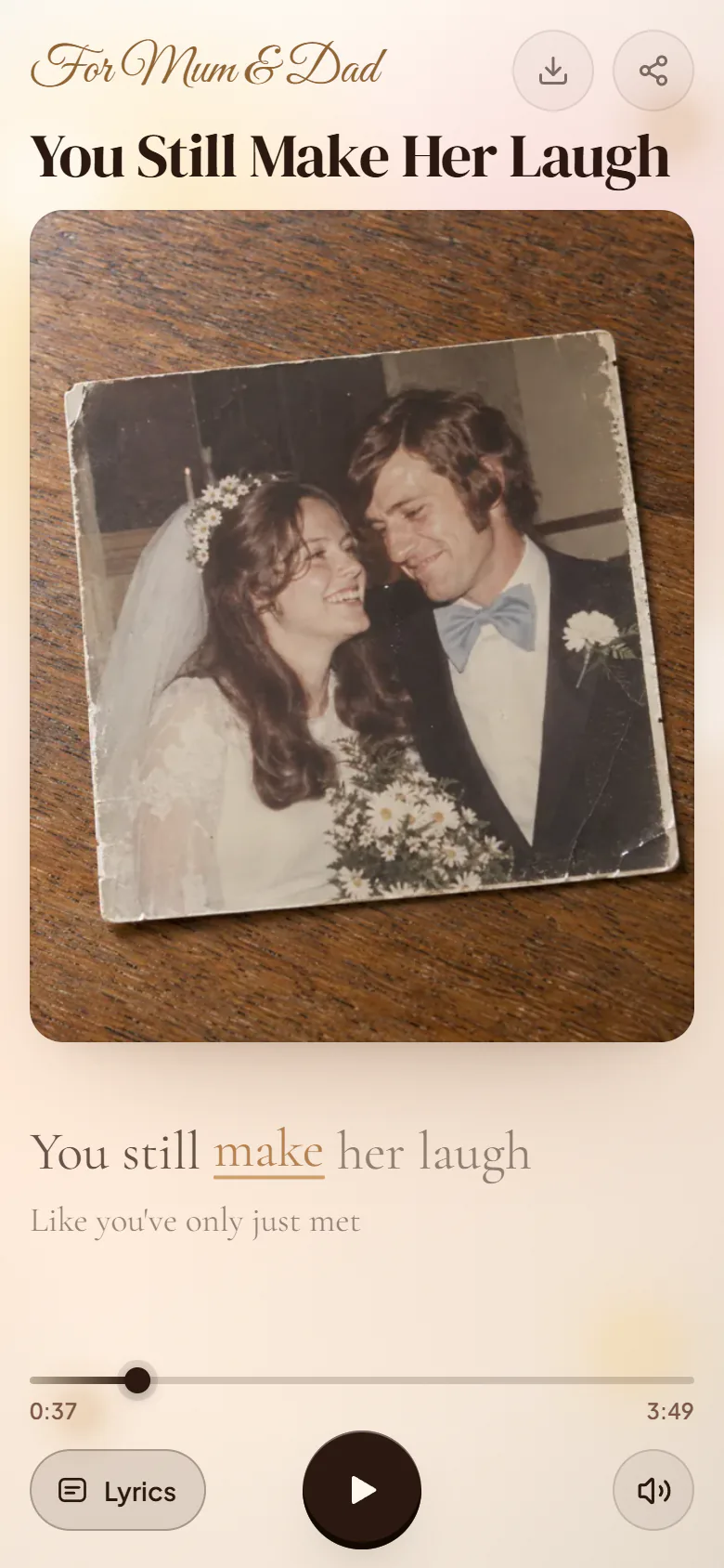 Example reveal page on a phone, with a photo, a personal message and the song