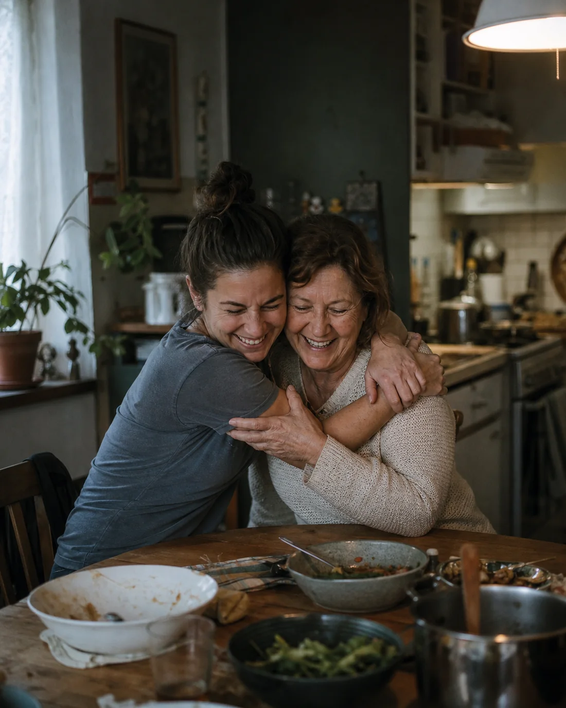 A mother and adult daughter sharing a spontaneous laugh at the kitchen table
