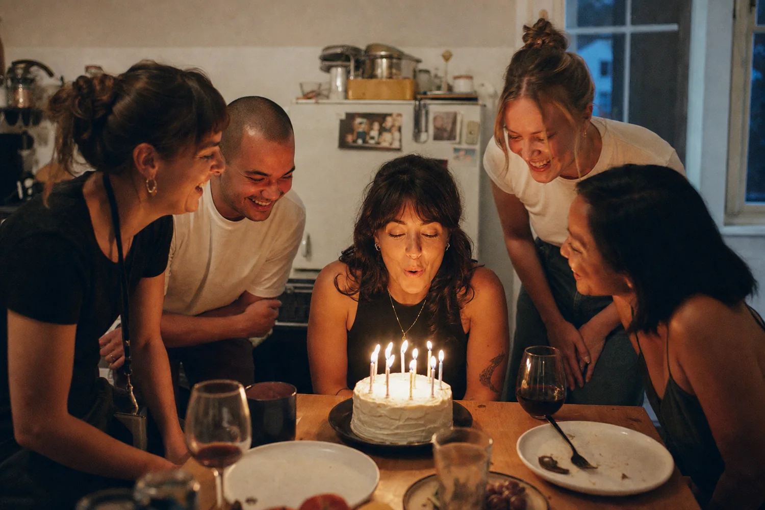 Friends gathered around a candlelit birthday cake in a small kitchen