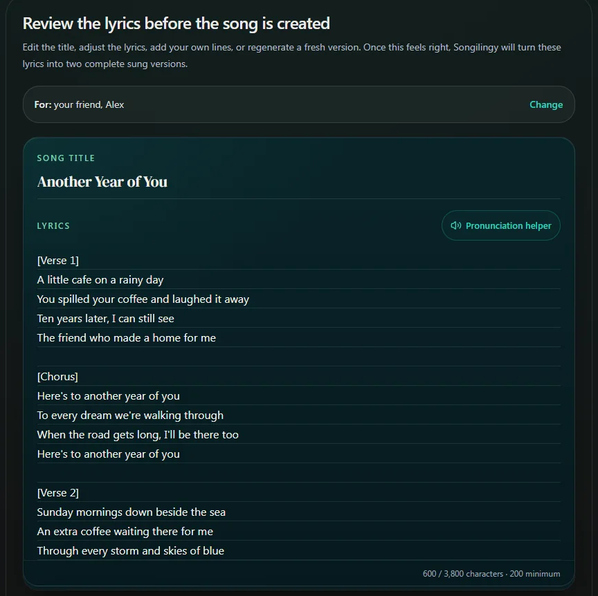 Edit the song title and lyrics directly in the lyrics review screen.