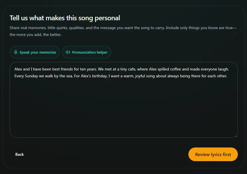 Memories about Alex typed into the memories box in plain sentences, with Review lyrics first ready below.