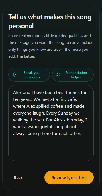 The memories box filled in with plain notes about a friend called Alex: the cafe where they met, Sunday walks by the sea and the message for the song.