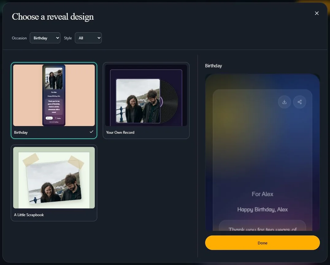Choose a reveal design with occasion filters, a selected card and a live preview.
