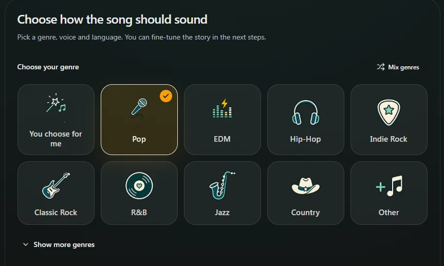 Choose a music genre such as Pop; more genres are available below.