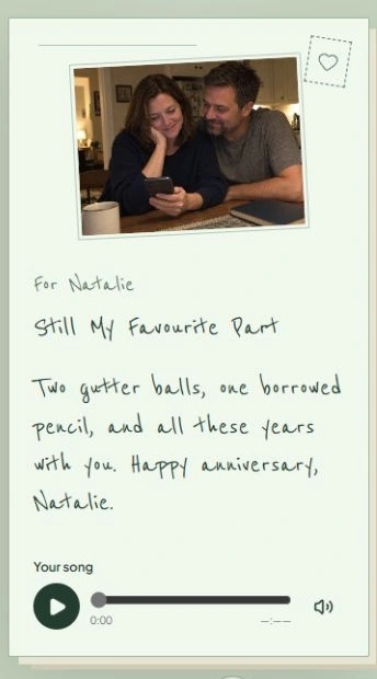 Songilingy photo reveal for Natalie, with a personal anniversary message, their photo and the song player