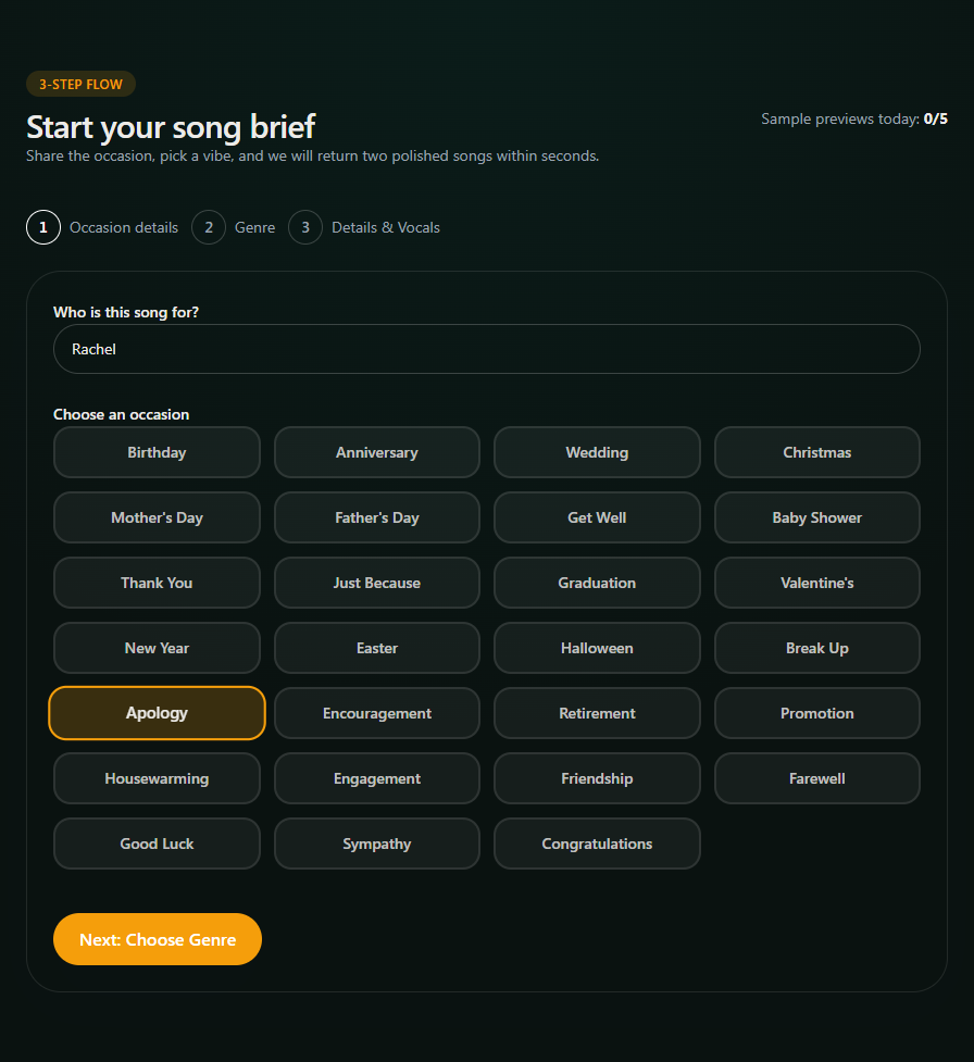 Selecting recipient name and apology occasion in the Songilingy flow