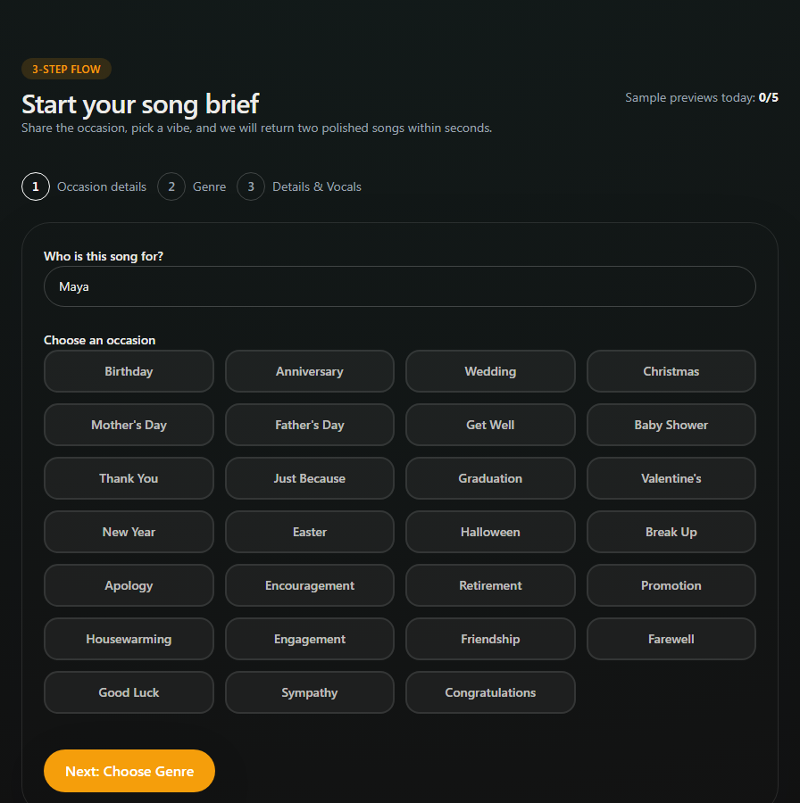 Screenshot of recipient name and birthday occasion selection screen.