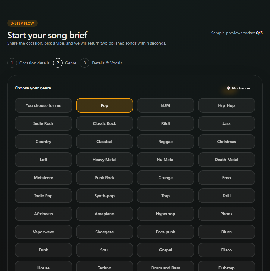 Screenshot of genre selection screen with style options.