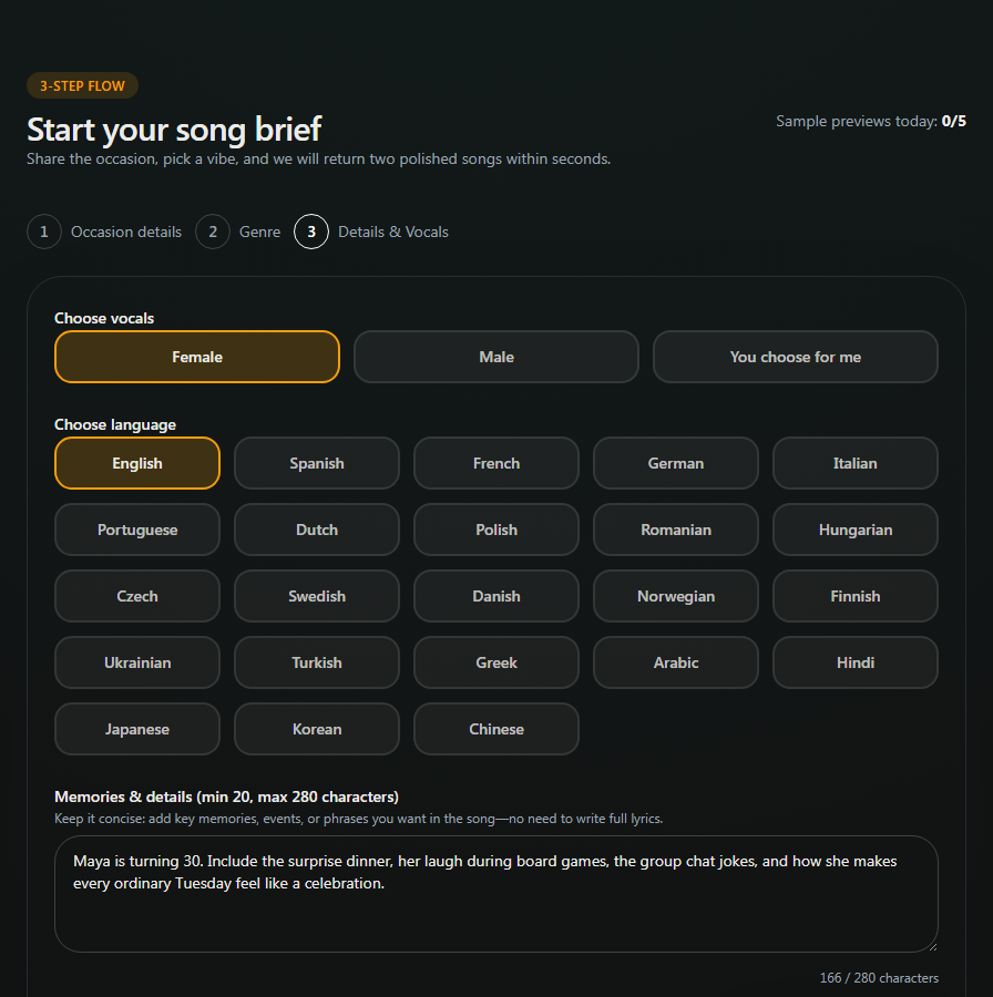 Screenshot of vocals, language, and memory details screen.