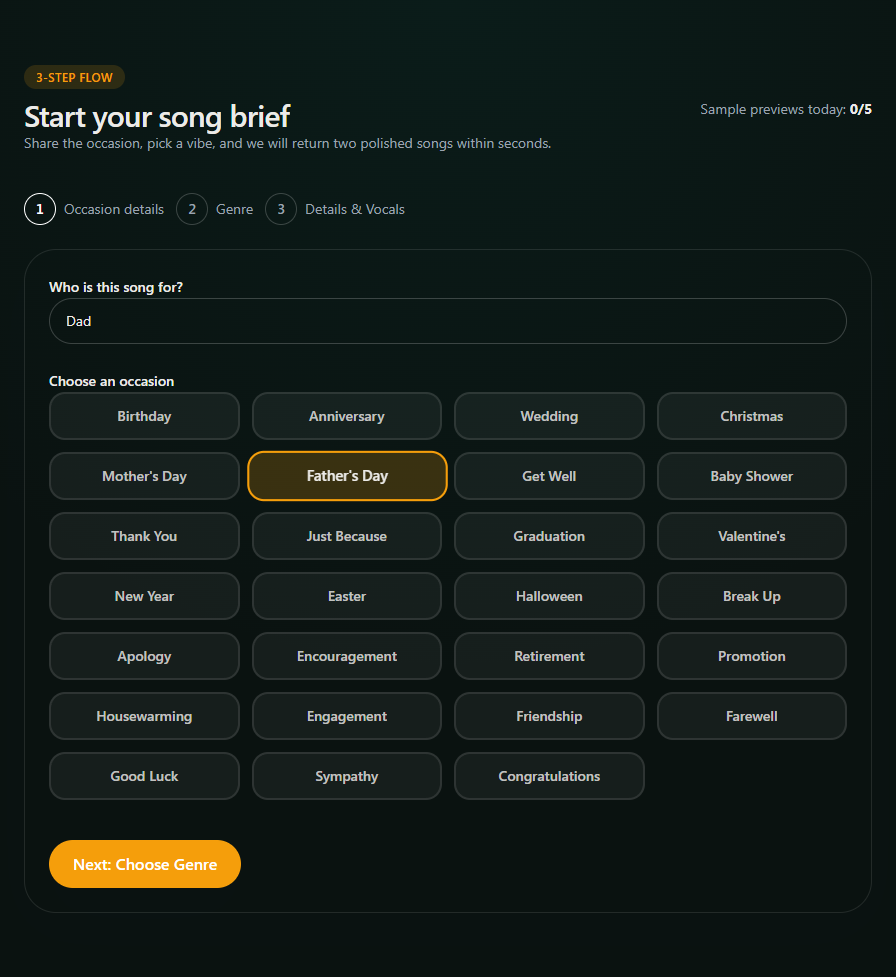 Screenshot of recipient name and Father's Day occasion selection in the Songilingy create flow.